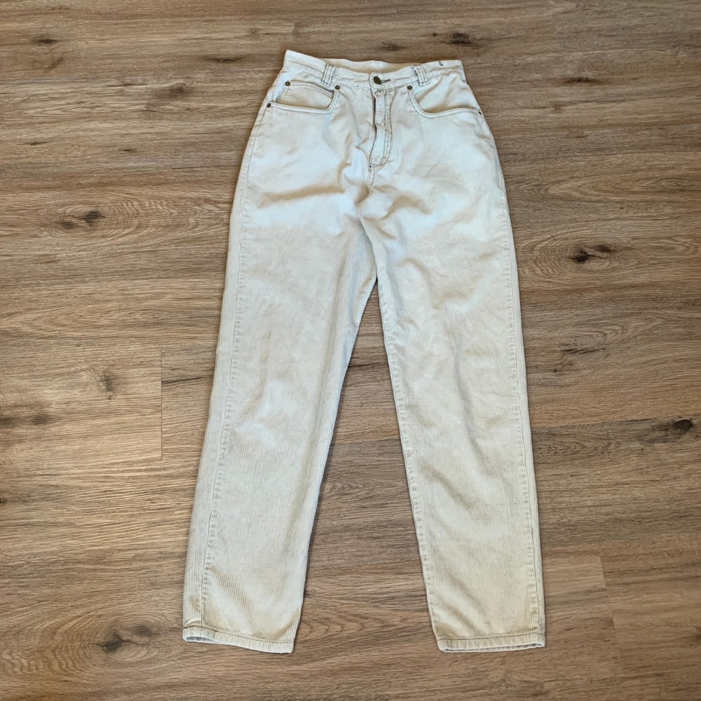Vintage 80s Bergamo High Waisted Corduroy Pants Cream Straight Leg Cotton - 9